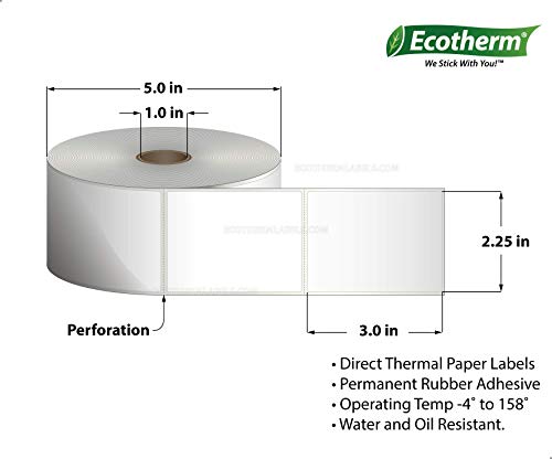 Ecotherm 2.25x3 Thermal Labels - 840 Paper Stickers Per Roll - 6 Rolls - fits Zebra LP2824, LP2844, GC420, GK420, GX430, ZD220, ZD410, ZD420, ZD500, ZD620, ZP-500, GT800 Direct Thermal Printers