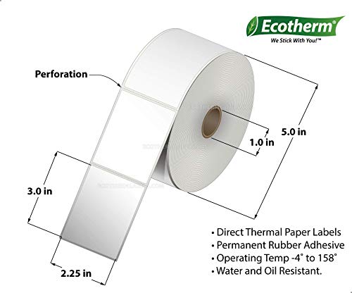 Ecotherm 2.25x3 Thermal Labels - 840 Paper Stickers Per Roll - 6 Rolls - fits Zebra LP2824, LP2844, GC420, GK420, GX430, ZD220, ZD410, ZD420, ZD500, ZD620, ZP-500, GT800 Direct Thermal Printers