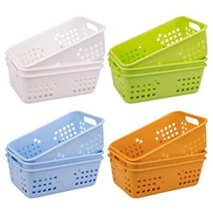 jucoan 12 pack small plastic storage baskets, 8.5 x 5.5 x 3 inch colorful plastic classroom organizer bin tray, stackable with grip handles for bathroom, drawers, shelves, closet, office