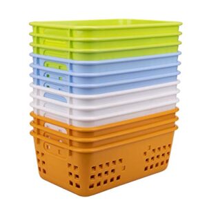 Jucoan 12 Pack Small Plastic Storage Baskets, 8.5 x 5.5 x 3 Inch Colorful Plastic Classroom Organizer Bin Tray, Stackable with Grip Handles for Bathroom, Drawers, Shelves, Closet, Office