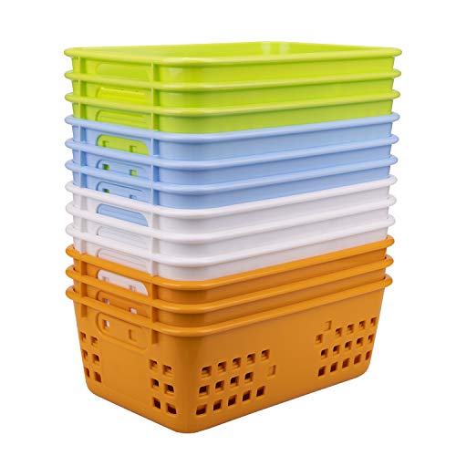 Jucoan 12 Pack Small Plastic Storage Baskets, 8.5 x 5.5 x 3 Inch Colorful Plastic Classroom Organizer Bin Tray, Stackable with Grip Handles for Bathroom, Drawers, Shelves, Closet, Office