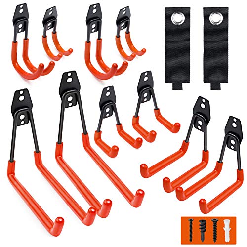 SMARTOLOGY 10 Packs Heavy-Duty Garage Wall Hooks and 11 Extension Cord Storage Straps Set