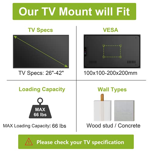 USX MOUNT TV Wall Monitor Mount Fits for Most 26-42 Inch TVs Monitors, Holds up to 66lbs, TV Monitor Mount Bracket with Adjustable Tilt Swivel, Max VESA 200x200mm