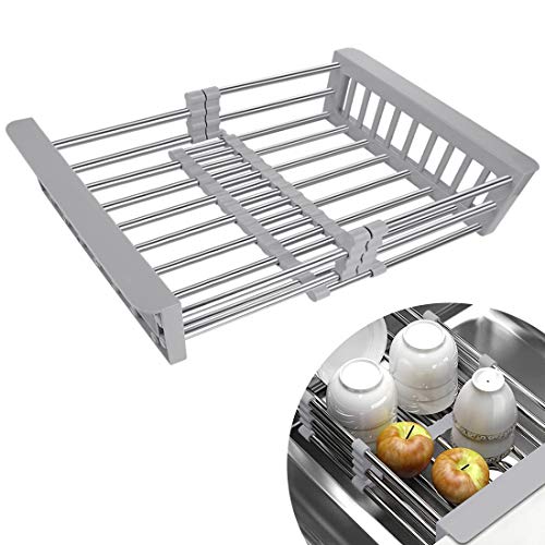 LUEXBOX Expandable Dish Drying Rack Over The Sink, Stainless Steel Drainer Basket with Adjustable Arms for Vegetable and Fruit (Grey)