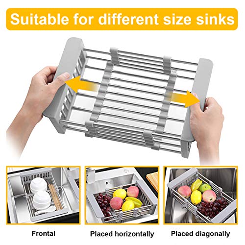 LUEXBOX Expandable Dish Drying Rack Over The Sink, Stainless Steel Drainer Basket with Adjustable Arms for Vegetable and Fruit (Grey)