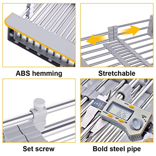 LUEXBOX Expandable Dish Drying Rack Over The Sink, Stainless Steel Drainer Basket with Adjustable Arms for Vegetable and Fruit (Grey)