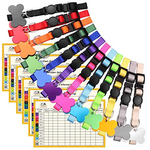 Upgraded Puppy Collars for Litter Puppy ID Collars Whelping Supplies Soft Nylon Breakaway Coloured Collars with 12 ID Tags and 6 Record Keeping Charts(S)