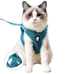 fdoylclc cat harness and leash set for walking escape proof, step-in easy control outdoor jacket, adjustable reflective breathable soft air mesh vest for small, medium, large kitten (turquoise, l)