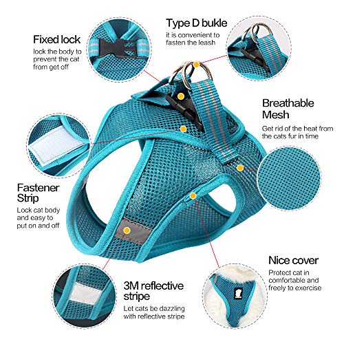 FDOYLCLC Cat Harness and Leash Set for Walking Escape Proof, Step-in Easy Control Outdoor Jacket, Adjustable Reflective Breathable Soft Air Mesh Vest for Small, Medium, Large Kitten (Turquoise, L)