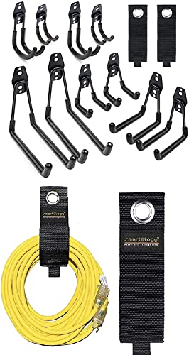 SMARTOLOGY Garage Wall Hooks Set with 9 Pack Cord Storage Straps