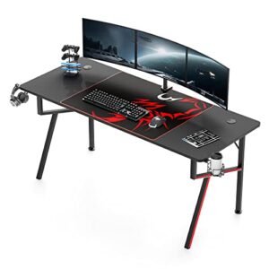 designa gaming computer desk 63 inch, large home office study writing computer desk, k-frame gaming table with handle rack cup holder headphone hook mouse pad & socket box, black