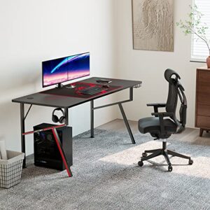 DESIGNA Gaming Computer Desk 63 inch, Large Home Office Study Writing Computer Desk, K-Frame Gaming Table with Handle Rack Cup Holder Headphone Hook Mouse Pad & Socket Box, Black