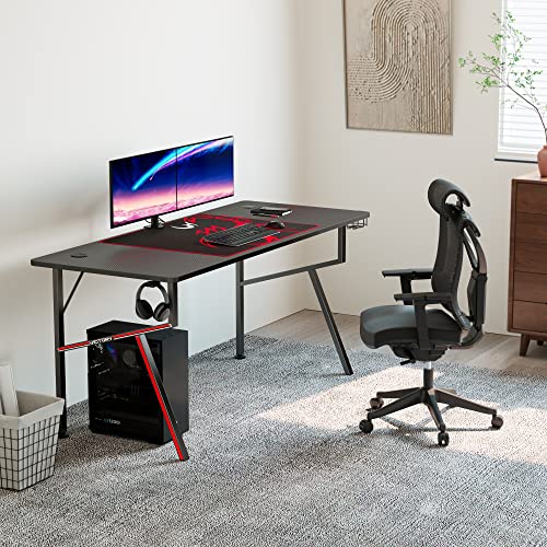 DESIGNA Gaming Computer Desk 63 inch, Large Home Office Study Writing Computer Desk, K-Frame Gaming Table with Handle Rack Cup Holder Headphone Hook Mouse Pad & Socket Box, Black