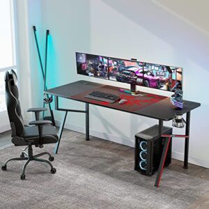 DESIGNA Gaming Computer Desk 63 inch, Large Home Office Study Writing Computer Desk, K-Frame Gaming Table with Handle Rack Cup Holder Headphone Hook Mouse Pad & Socket Box, Black