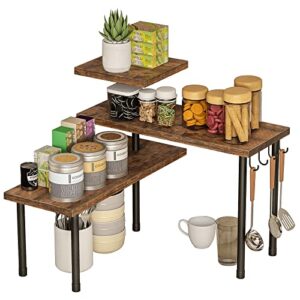 bcozlux kitchen countertop organizer, 3 tier corner counter shelf with metal hooks, bathroom counter organizers and storage, tiered wood spice rack, rustic brown and black