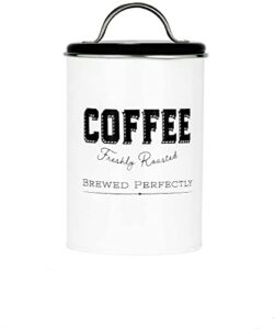 amici home country cottage metal coffee canister with lid, airtight food jars for coffee bar, white and black metal farmhouse design for kitchen countertop and pantry, 42-oz