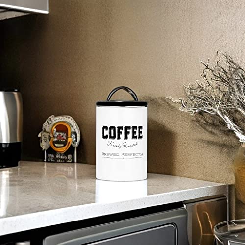 Amici Home Country Cottage Metal Coffee Canister with Lid, Airtight Food Jars for Coffee Bar, White and Black Metal Farmhouse Design for Kitchen Countertop and Pantry, 42-Oz