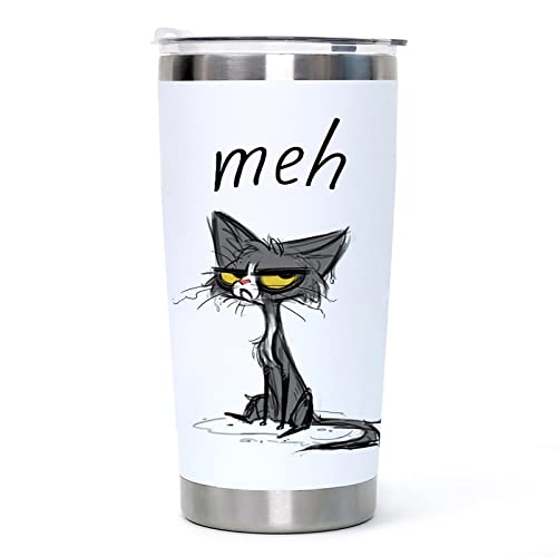 DJY Meh - 20oz Black and White Cat Stainless Steel Tumbler with Lid Cute Cat Vacuum Insulated Tumbler Coffe Cup Water Wine or Coffee Home Gifts to Daughters Friends and Colleague Raffle Gifts