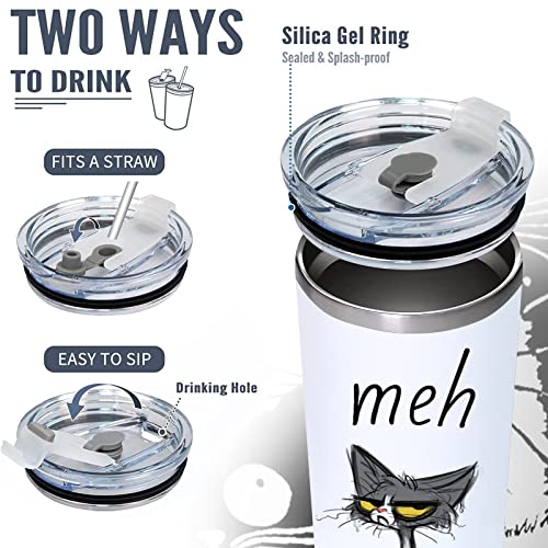 DJY Meh - 20oz Black and White Cat Stainless Steel Tumbler with Lid Cute Cat Vacuum Insulated Tumbler Coffe Cup Water Wine or Coffee Home Gifts to Daughters Friends and Colleague Raffle Gifts