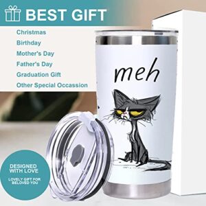DJY Meh - 20oz Black and White Cat Stainless Steel Tumbler with Lid Cute Cat Vacuum Insulated Tumbler Coffe Cup Water Wine or Coffee Home Gifts to Daughters Friends and Colleague Raffle Gifts