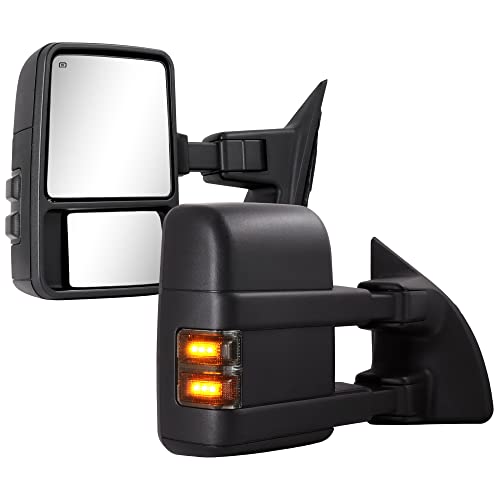 Towing Mirrors for 1999-2016 Ford F250 F350 F450 F550 Super Duty with Power Glass Turn Signal Light Running Lights Heated Extendable Pair (Smoke lens)