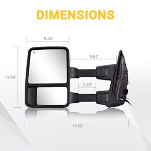 Towing Mirrors for 1999-2016 Ford F250 F350 F450 F550 Super Duty with Power Glass Turn Signal Light Running Lights Heated Extendable Pair (Smoke lens)