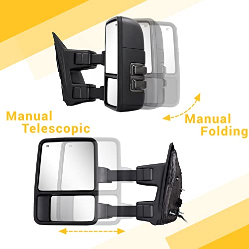 Towing Mirrors for 1999-2016 Ford F250 F350 F450 F550 Super Duty with Power Glass Turn Signal Light Running Lights Heated Extendable Pair (Smoke lens)