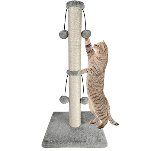 Dimaka 29'' Cat Scratching Post, Natural Sisal Rope Scratch Post with 4 Teasing Toy Balls for Large Cats (Grey)