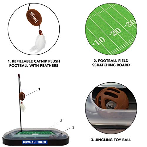 Pets First NFL Buffalo Bills Football Field CAT Scratcher Toy with Catnip Filled Plush Football Toy & Feather Cat Toy Hanging, with Jingle Bell Interactive Ball Cat Chasing 5-in-1 Kitty Toy