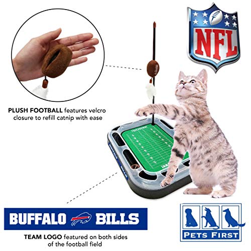 Pets First NFL Buffalo Bills Football Field CAT Scratcher Toy with Catnip Filled Plush Football Toy & Feather Cat Toy Hanging, with Jingle Bell Interactive Ball Cat Chasing 5-in-1 Kitty Toy