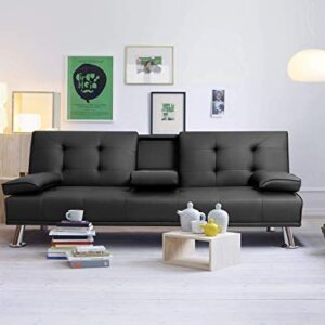 Flamaker Futon Sofa Bed Modern Faux Leather Couch, Convertible Folding Recliner Lounge Futon Couch for Living Room with 2 Cup Holders with Armrest