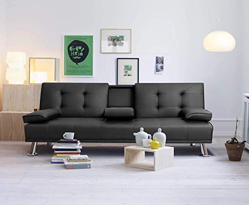 Flamaker Futon Sofa Bed Modern Faux Leather Couch, Convertible Folding Recliner Lounge Futon Couch for Living Room with 2 Cup Holders with Armrest