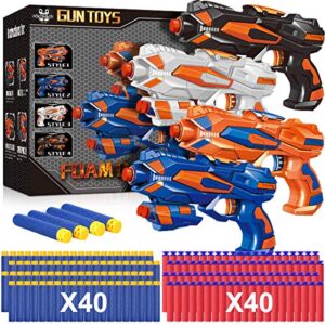 pokonboy 4 pack blaster guns compatible with nerf guns bullets, toy guns for boys girls with 80 pack foam refill darts, hand gun toys for 6+ year old kids birthday christmas