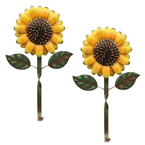 2 PCS Vintage Metal Sunflower Hooks Keys Aprons Kitchen Wall Hangers Wall Decor Rustic Metal Wall Hook Accessories Holder for Home Entryway Office Bathroom Garden Art Decorative Yellow