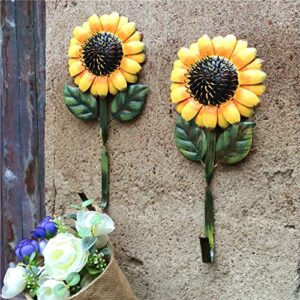 2 PCS Vintage Metal Sunflower Hooks Keys Aprons Kitchen Wall Hangers Wall Decor Rustic Metal Wall Hook Accessories Holder for Home Entryway Office Bathroom Garden Art Decorative Yellow