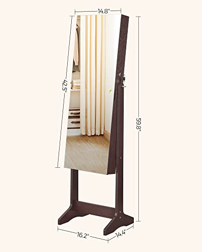SONGMICS Jewelry Cabinet Armoire, Freestanding Lockable Storage Organizer Unit with 2 Plastic Cosmetic Storage, Full-Length Frameless Mirror, for Necklace Earring, Brown UJJC002K01