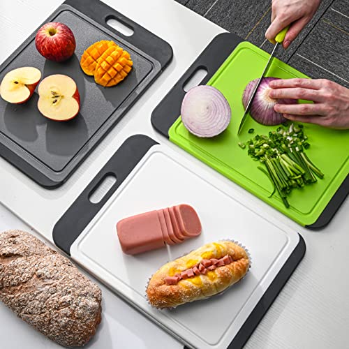 SOSECCE Cutting Board Plastic with Juice Grooves and One-Piece Non-Slip Silicone Handles, 14 x 9.5 x 0.4 Inch Kitchen Chopping Board, Dishwasher Safe BPA Free (Black+Grey)