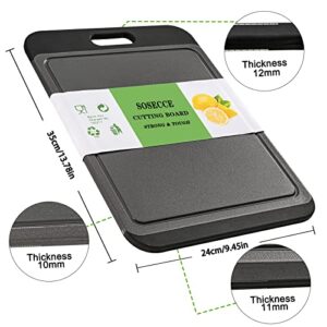 SOSECCE Cutting Board Plastic with Juice Grooves and One-Piece Non-Slip Silicone Handles, 14 x 9.5 x 0.4 Inch Kitchen Chopping Board, Dishwasher Safe BPA Free (Black+Grey)