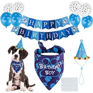 tcboying dog birthday bandana, dog birthday boy hat scarfs flag balloon with cute doggie birthday party supplies decorations(11-piece set) (blue)