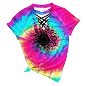 ESKNAS Women T-Shirts Sunmmer Sunflowers Printed Short Sleeves Tee Shirts Tie-dye Tops Blouse(A Multicolor,XXL)