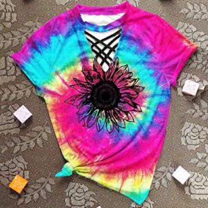 ESKNAS Women T-Shirts Sunmmer Sunflowers Printed Short Sleeves Tee Shirts Tie-dye Tops Blouse(A Multicolor,XXL)