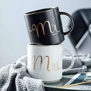 Yesland 12 oz Mr and Mrs Mug, Ceramic Coffee Mug for the Couple, Ideal Gift for Engagement, Anniversary, His and Hers, Bride and Groom, Valentines and Christmas Gifts - Set of 2 (Black & White)