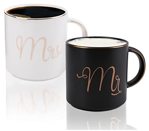 Yesland 12 oz Mr and Mrs Mug, Ceramic Coffee Mug for the Couple, Ideal Gift for Engagement, Anniversary, His and Hers, Bride and Groom, Valentines and Christmas Gifts - Set of 2 (Black & White)