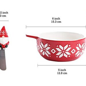 Bico Red Christmas Gnome Dip Bowl with Spreader, Handpainted Ceramic, Dishwasher Safe