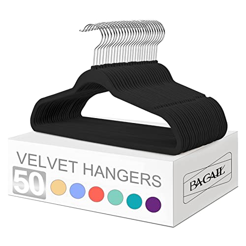 BAGAIL Velvet Hangers 50 Pack, Black Non Slip 360 Degree Swivel Hook Strong and Durable Clothes Hangers for Coats, Suit, Shirt Dress, Pants & Dress Clothes