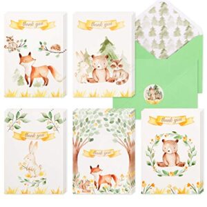 vns creations 30 woodland thank you cards | bulk forest & mountain animals thank you notes with matching green envelopes & stickers | small & cute notecards perfect for baby shower and kids birthday.