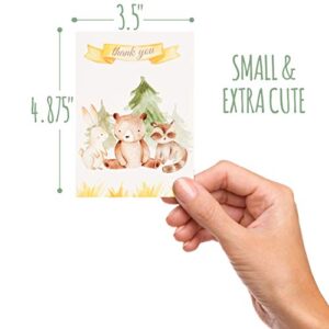 VNS Creations 30 Woodland Thank You Cards | Bulk Forest & Mountain Animals Thank You Notes with Matching Green Envelopes & Stickers | Small & Cute Notecards Perfect for Baby Shower and Kids Birthday.