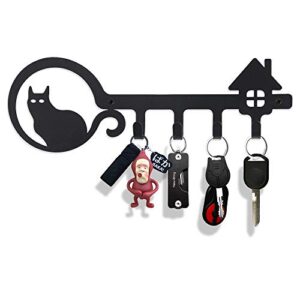 uptobillions decorative wall mounted iron key holder for wall, 11 inch with 4 key hooks organizer for car or house keys, key rack with screws and anchors (cat and home, black)