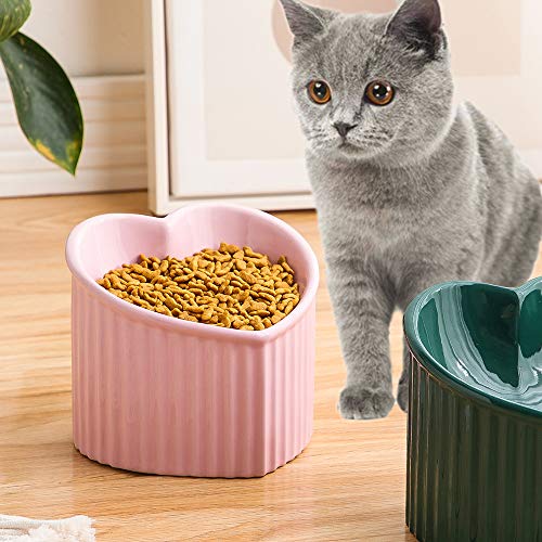 Pink Ceramic Raised Cat Bowls, Tilted Elevated Food or Water Bowls, Stress Free, Backflow Prevention, Dishwasher and Microwave Safe, Lead & Cadmium Free