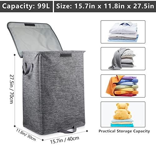 Robylin 99L Large Collapsible Laundry Hamper with Lid & 2 Removable Laundry Bags, Foldable Laundry Basket, Detachable Clothes Hamper for Nursery, Bedroom, Bathroom, College Dorm,etc, Grey